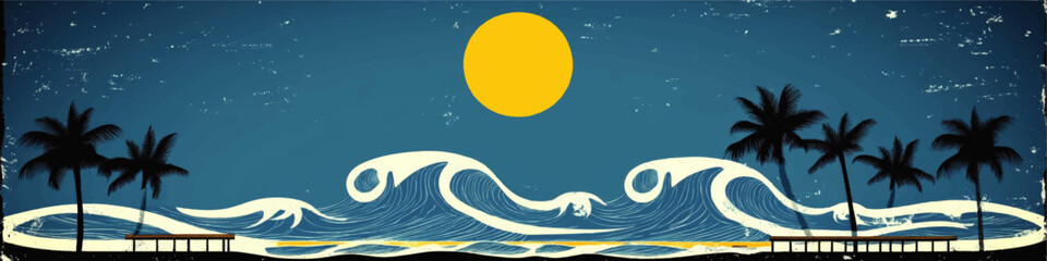 Scenic Coastal Vector Illustration: Vibrant Summer Beach with Rolling Waves, Palm Trees, and Bright Sun on Grunge Style Blue Sky Background for Tropical Designs