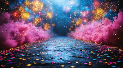 Festive pathway with confetti and fireworks. Celebration background, great for event announcements