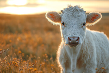 Obraz premium Inquisitive gaze of a pristine white calf at golden sunset meadow