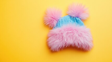 Fototapeta premium Cute baby hat in soft pastel hues, placed on a warm and playful yellow background. No people no text