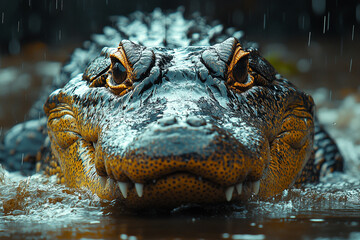 Obraz premium Alligator's Intense Gaze in the Rain-soaked Wetlands Depths