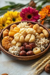 Vibrant Assortment of Traditional Indian Sweets Placed in a Decorative Wooden Bowl Surrounded by Colorful Flowers and Natural Elements