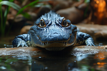 Fototapeta premium Intense Gaze, Close-Up of a Juvenile Alligator in Wetland Habitat