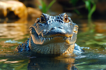Fototapeta premium American Alligator Stares Intensely From Shimmering Water Surface