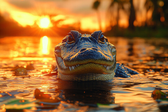 Gator's Gaze, A Reptilian Predator Emerges During The Golden Hour - Powered by Adobe