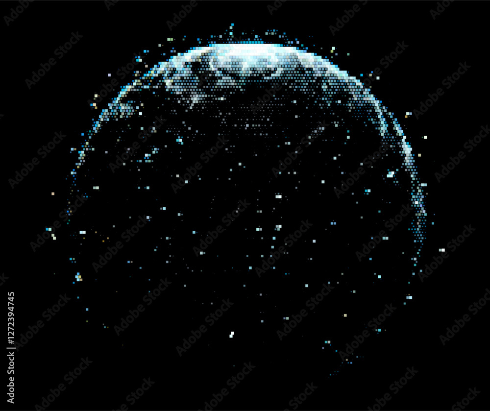 Poster vector illustration depicts a glowing, multicolored sphere composed of dots, set against a dark back
