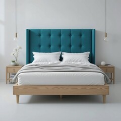 Modern Bedroom Interior Design Teal Upholstered Bed with Light Wood Frame Minimalist Decor
