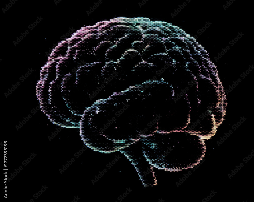 Fototapete Vector illustration features a multicolored brain composed of dots on a dark background, symbolizing the intersection of technology and creativity with a futuristic and intricate design.