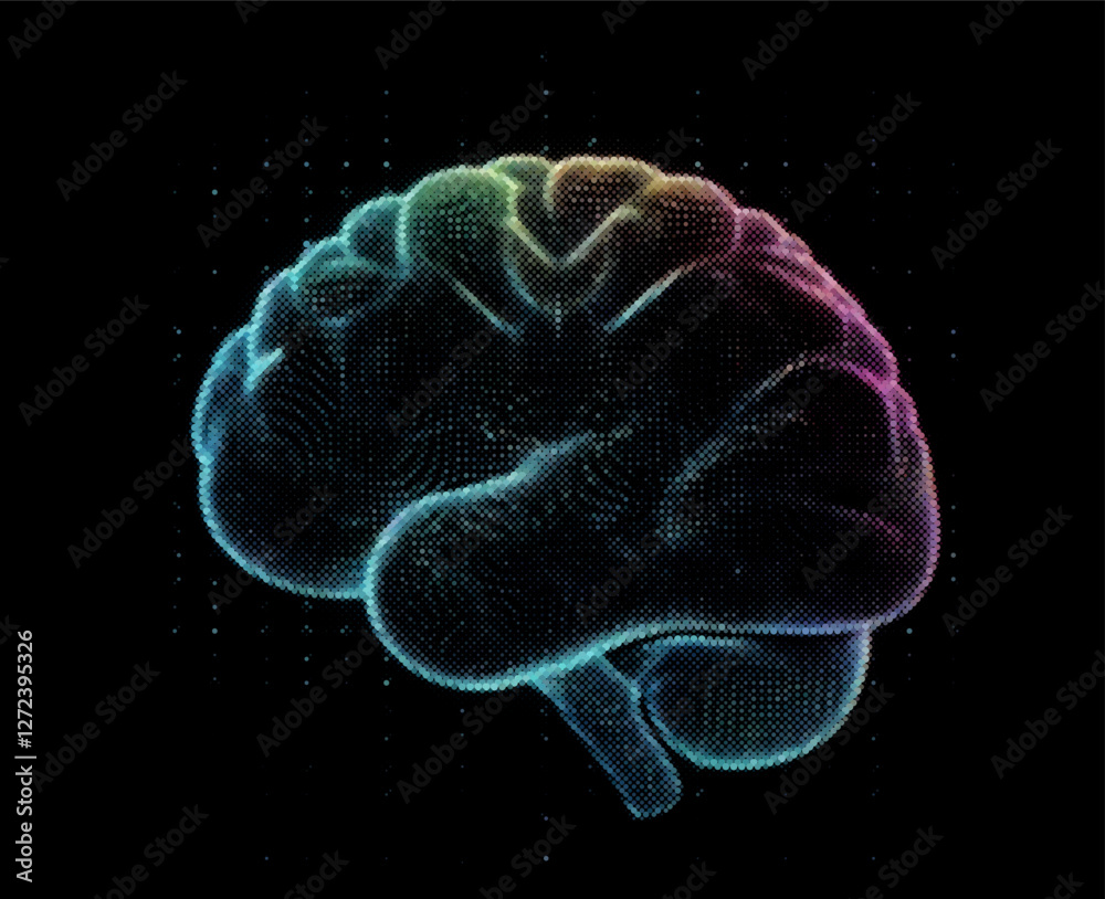 Fototapete Vector illustration features a multicolored brain composed of dots on a dark background, symbolizing the intersection of technology and creativity with a futuristic and intricate design.