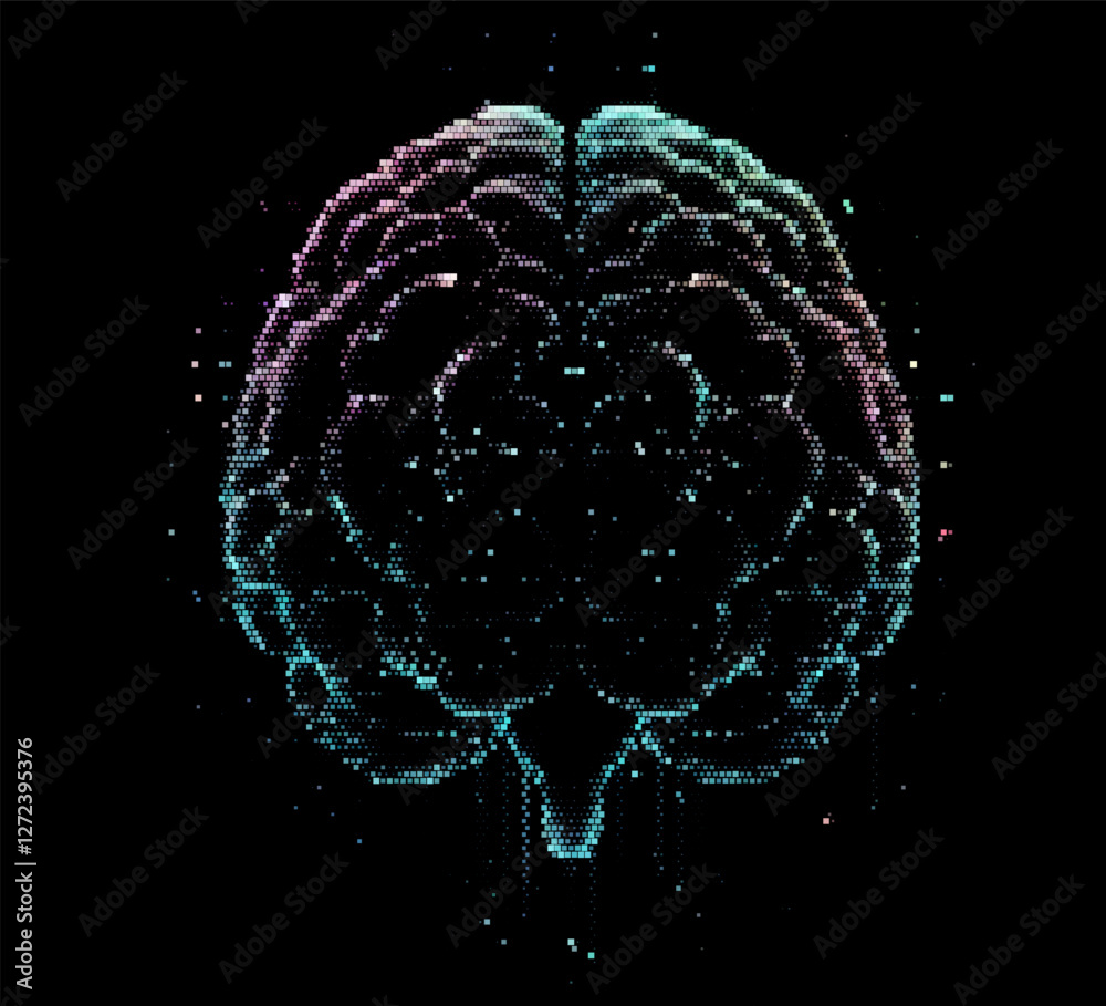 Fototapete Vector illustration features a multicolored brain composed of dots on a dark background, symbolizing the intersection of technology and creativity with a futuristic and intricate design.