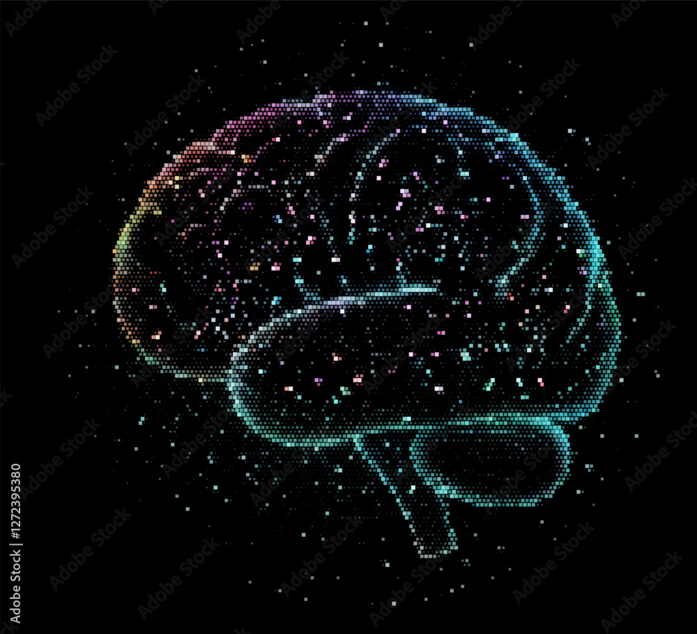Poster Vector illustration features a multicolored brain composed of dots on a dark background, symbolizing the intersection of technology and creativity with a futuristic and intricate design.