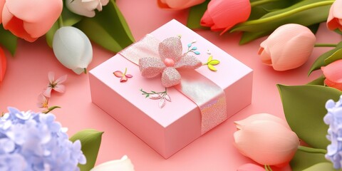 Gift box amidst flowers for special occasion celebration on pink background