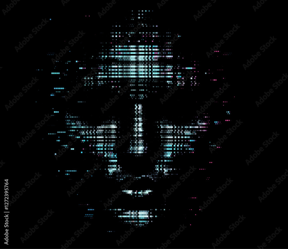 Poster pixelated face emerges from a dark background in this vector illustration. the glitch effect conveys
