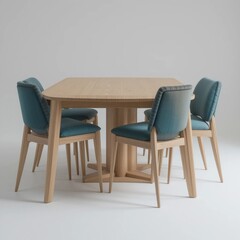 Modern Wooden Dining Table Set with Teal Upholstered Chairs Square Design