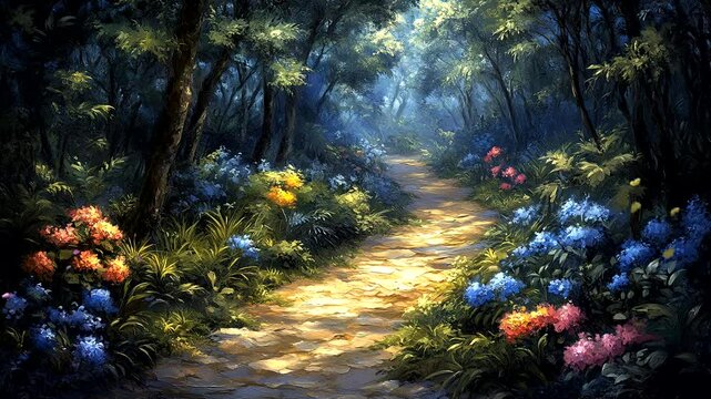 Magical forest pathway surrounded by glowing flowers and sun rays filtering through trees. Seamless looping 4K video background.