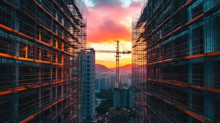 Fototapeta premium Sunset Cityscape Construction Scaffolding and Crane