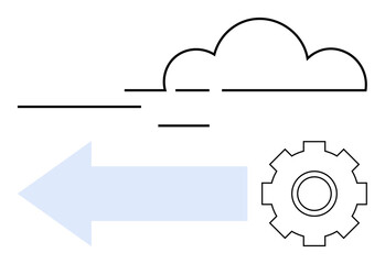 Cloud outline, arrow, and gear symbolizing data transfer, technology, automation, and cloud computing. Ideal for cloud storage, IoT, software team workflow innovation digital systems abstract