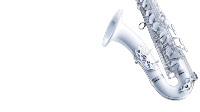 A white saxophone is shown in the air