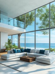 Obraz premium Luxury Modern Minimalist Living Room with Coastal View Bright Natural Light 3D Rendering