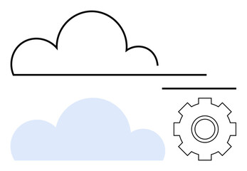 Minimalistic design of outlined cloud, solid cloud, and gear suggesting technology, cloud computing, and connection. Ideal for IT, software, networking, teamwork storage innovation abstract line