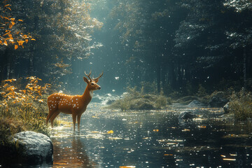 Spotted Deer Reflecting in Serene Forest River during Golden Hour