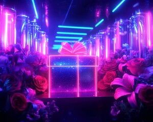 Gift box with ribbon amid flowers in neon corridor. Romantic present concept