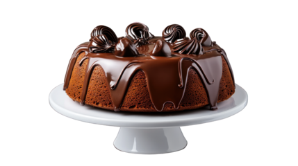 A chocolate cake with chocolate drizzle on top of a white cake stand