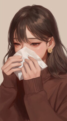 アニメ風イラスト｜風邪や花粉症で苦しそうな女性のポートレート。スマートフォン9:16のアスペクト比