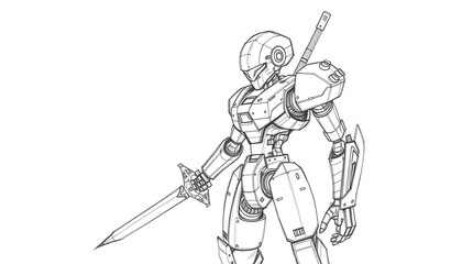Obraz premium Robot Warrior Holding Sword Line Art Illustration for Design Projects