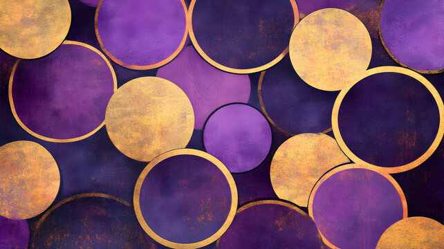 figuras geometricas formando un cuadro decorativo circulos decorativos geometricos en color morado lila y dorado estilo abstracto obra de arte elegante
