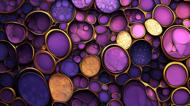 cuadro decorativo con textura de figuras geometricas de ovalos y circulos brillantes y llamativos en color morado magenta y detalles en dorado para textura estilo abstracto