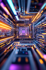 Abstract futuristic 3D background resembling a tunnel, circuit boards, wires and glowing neon lines.