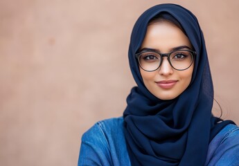 Confident Young Woman with Hijab and Glasses Posing Against Background