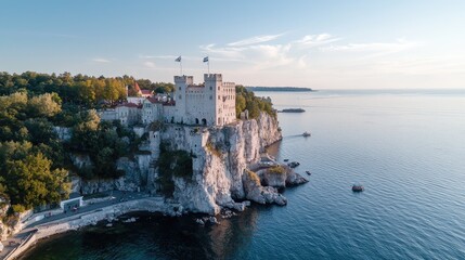 Naklejka premium Historic white stone castle stands on a steep rocky cliff overlooking the calm blue sea during a bright sunny day.