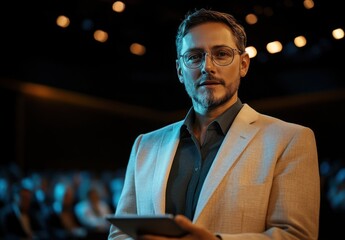 Female Speaker Presenting AI Technology Innovations at Modern Conference