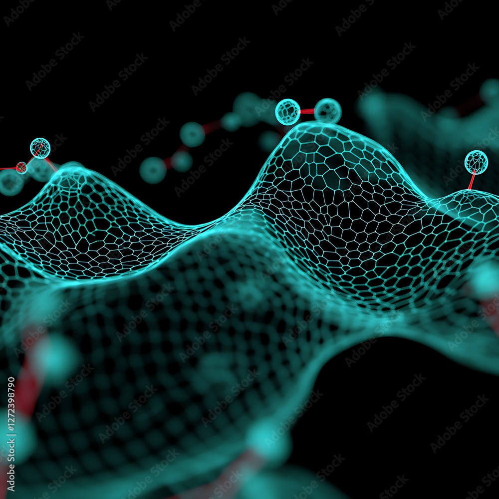 Poster abstract molecular network with interconnected orbs and wavy structure in cyan and red.