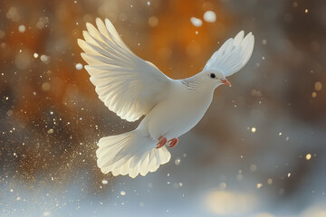 Fototapeta premium Soaring Spirit, A White Dove's Flight Through a Glimmering Realm
