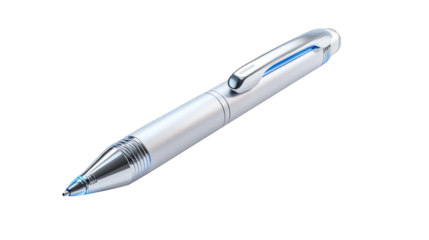 A silver pen with a blue tip