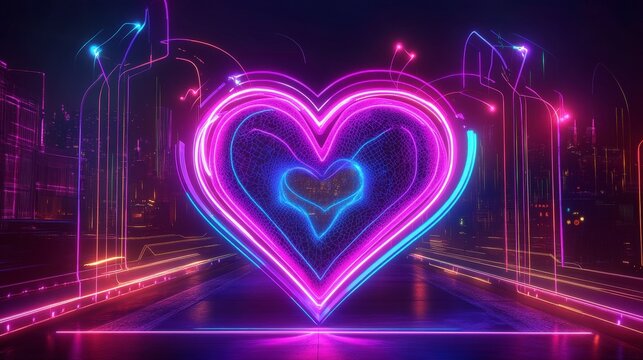 Glowing neon heart in city background on street for tech, love, or romance ad