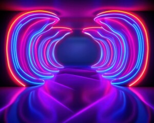 Naklejka premium Glowing neon shapes forming a tunnel in a dark room for decoration or background