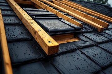 A Roof Under Construction with Black Tiles and Wooden Beams Featuring Skylights and Scaffolding