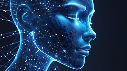 Obraz premium Futuristic digital rendering of a human face composed of glowing blue neural connections, symbolizing artificial intelligence, machine learning, and the future of human-technology interaction