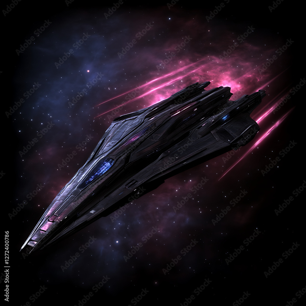 Poster advanced spaceship encountering celestial phenomena in the vast expanse of outer space.