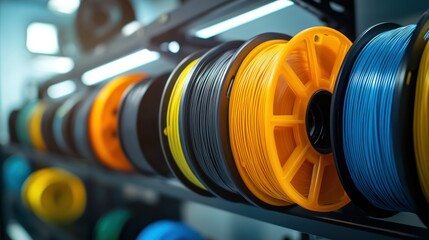 Obraz premium Colorful filament spools, workshop, 3D printing (1)