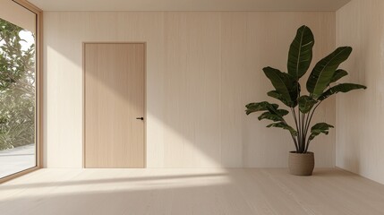 Minimalist room design, sunlight, plants, modern interior, home decor