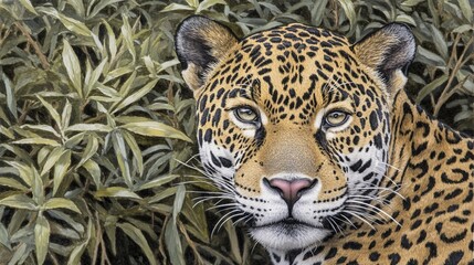 Obraz premium Majestic jaguar portrait, lush foliage background, wildlife conservation