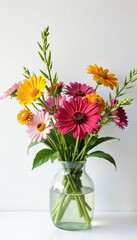Wildflower arrangement with a few stems in a vase on white, blossoms, garden