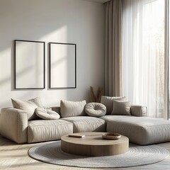 Minimalist Scandinavian Living Room Interior Design Mockup Natural Light Grey Sofa Coffee Table