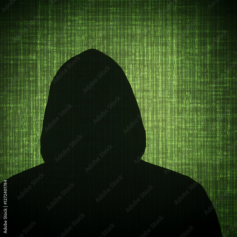 Poster anonymous hacker silhouette against green digital background with binary code design.