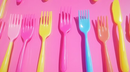 Colorful Plastic Forks Pink Background